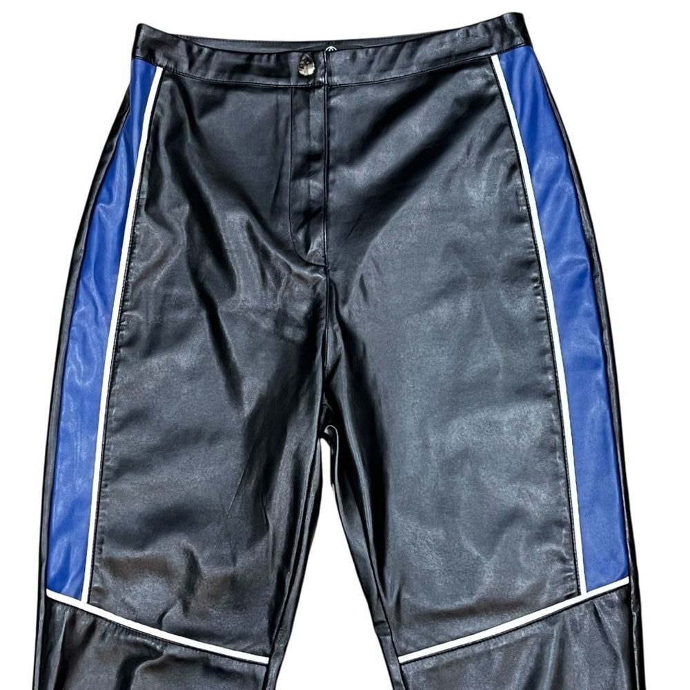 Missguided Black Blue Faux Leather Pants Color Block Goth Moto Edgy Leggings - Picture 4 of 14